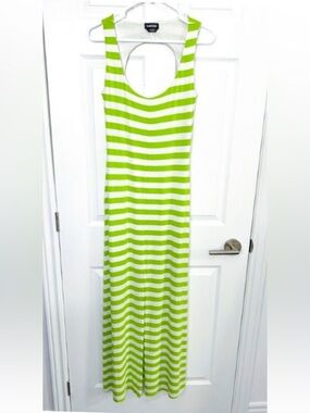 bebe White and Green Striped Jersey Dress w/ Open Back